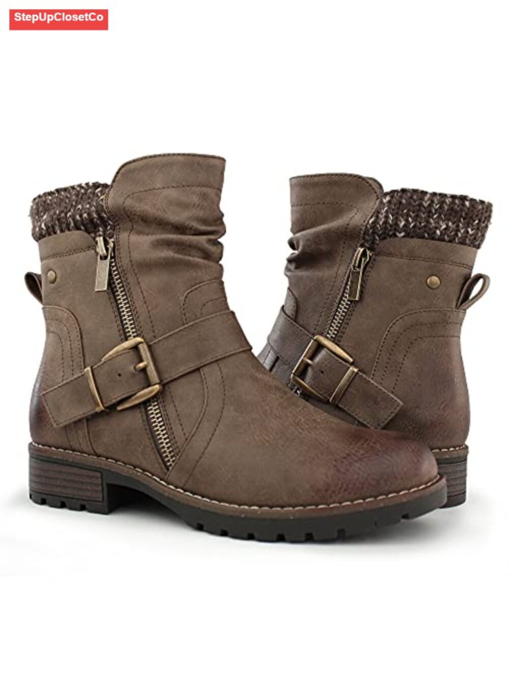 Combat Boots Faux Leather Faux Fur Lined Side Zipper Buckle Ankle Booties